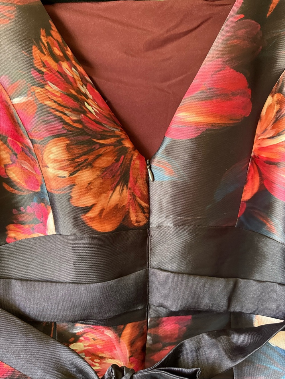 Kay Unger Floral Satin Cocktail Dress in Black with Orange-Pink Blooms - Picture 6 of 9